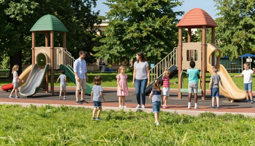 Children and families enjoying activities at a Saint Petersburg park with playground equipment and green spaces Children and families enjoying activities at a Saint Petersburg park with playground equipment and green spaces
