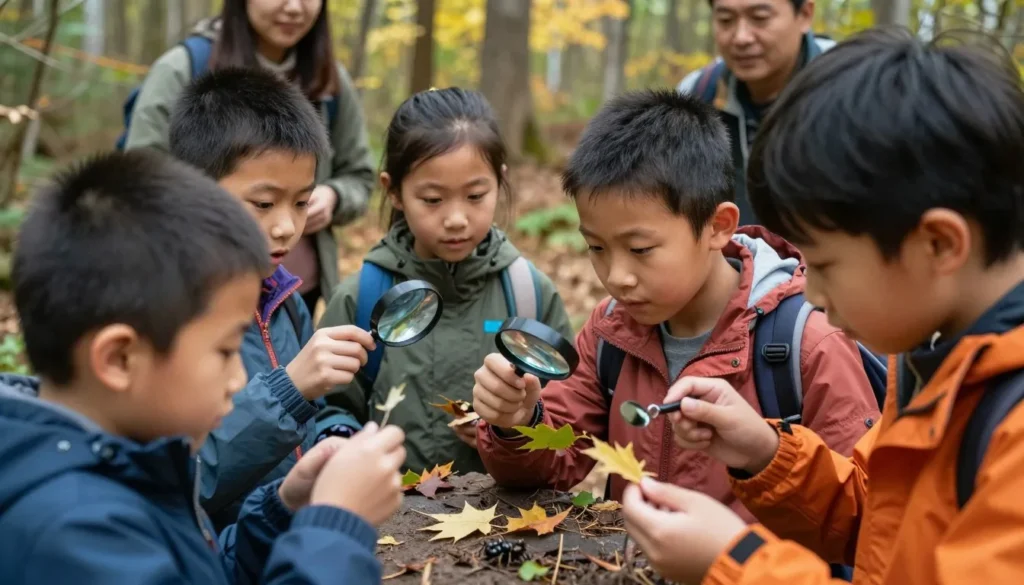 Children discovering nature with magnifying glass on trail Children discovering nature with magnifying glass on trail