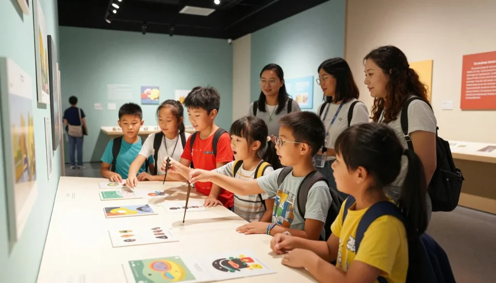 Children enjoying interactive exhibit in Leon museum with parents supervising