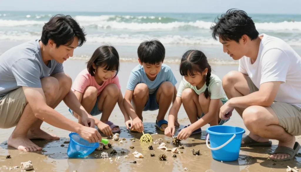 Children exploring tidal pools and marine life on beach Children exploring tidal pools and marine life on beach