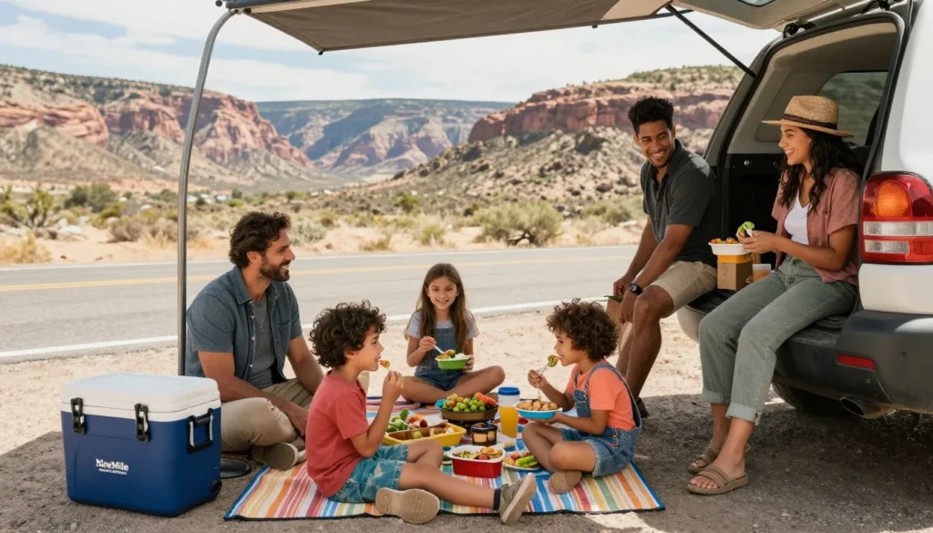 Children having picnic lunch at canyon pullout with scenic views Children having picnic lunch at canyon pullout with scenic views