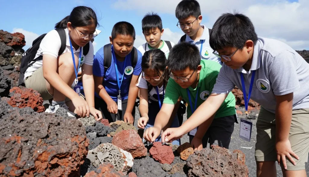 Children participating in Junior Ranger program examining volcanic rocks Children participating in Junior Ranger program examining volcanic rocks