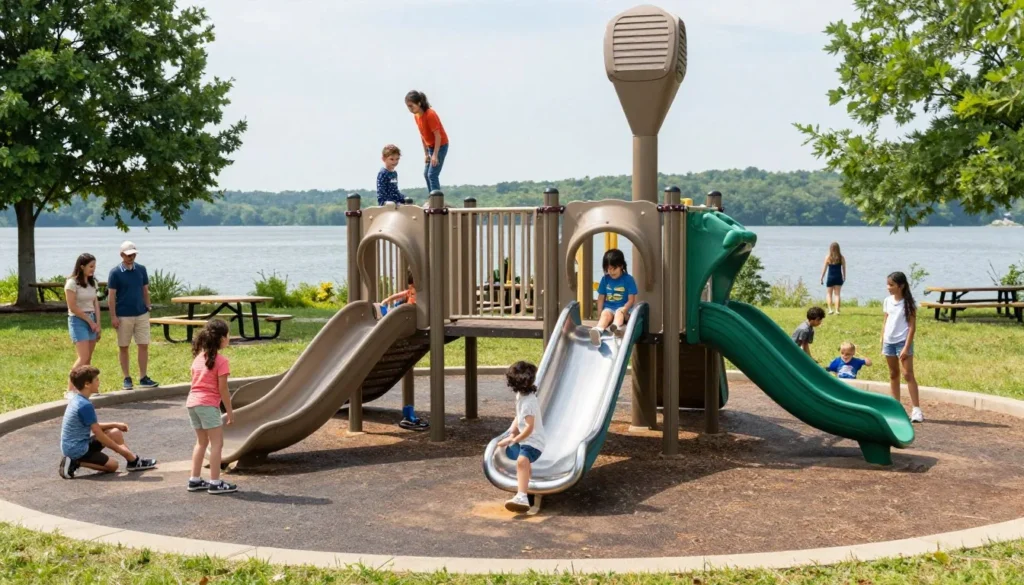 Children playing at Harrison Bay State Park playground area Children playing at Harrison Bay State Park playground area