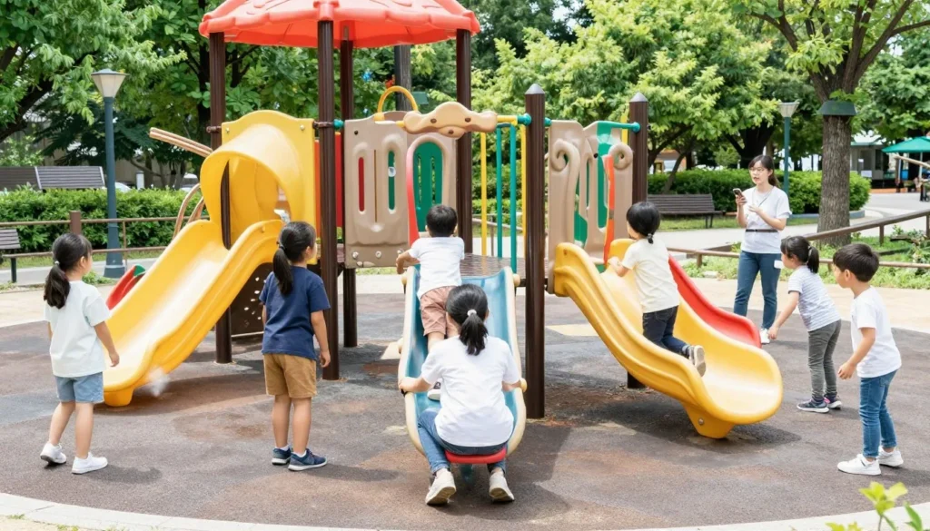 Children playing at an outdoor playground with parents watching