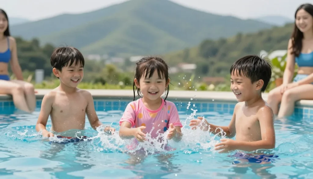 Children playing in shallow area of hot springs pool with mountain backdrop
