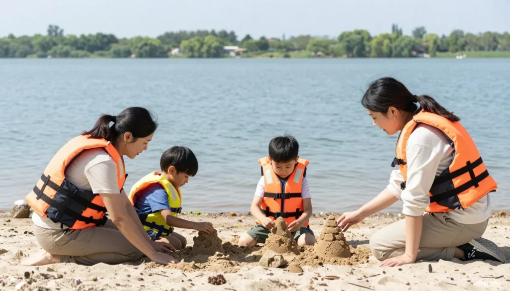 Children playing near shoreline at Palisade State Park with parents supervising