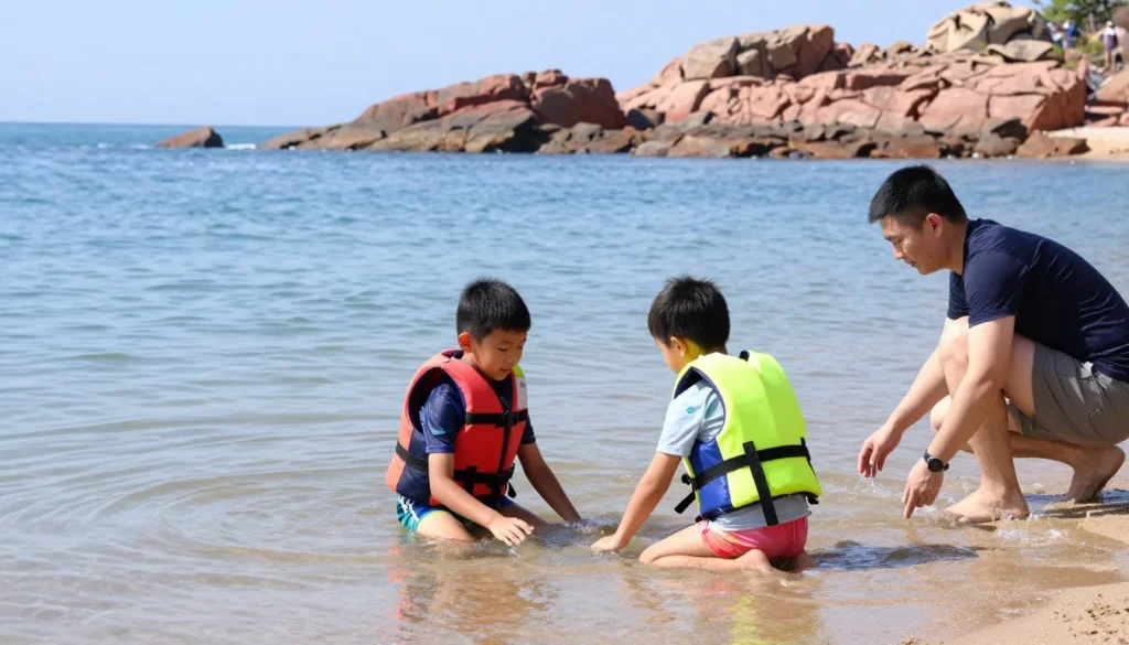 Children wearing life jackets playing safely in shallow water