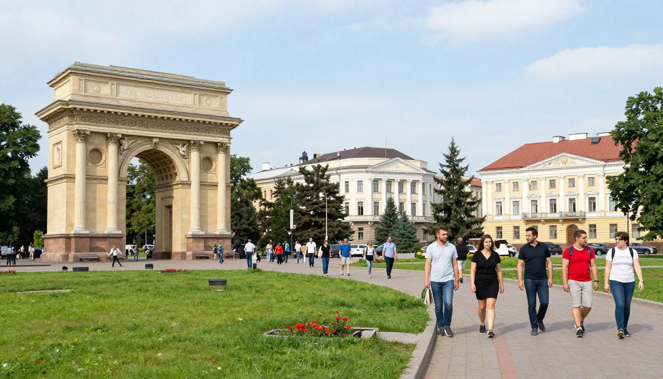 Chisinau Moldova travel guide featuring the iconic Triumphal Arch and Cathedral Park with visitors exploring the historic city center