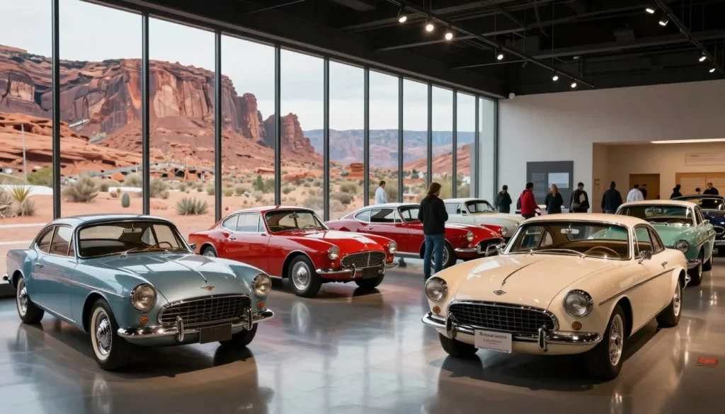 Classic automobile display at Gateway Canyons Auto Museum with canyon backdrop Classic automobile display at Gateway Canyons Auto Museum with canyon backdrop