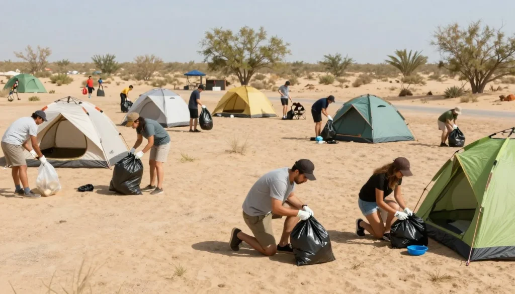 Clean camping area with proper waste disposal practices Clean camping area with proper waste disposal practices