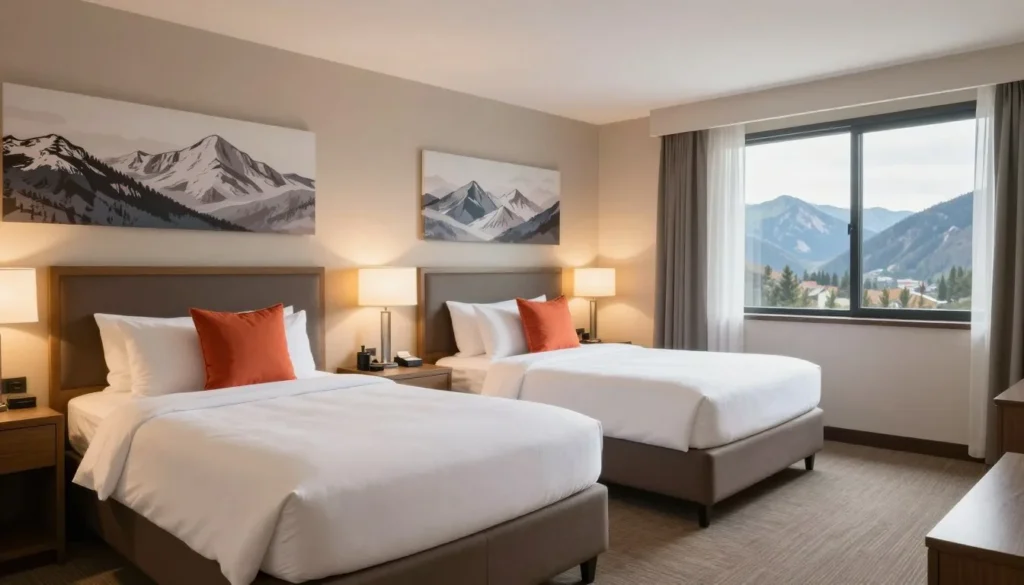 Clean modern hotel room with two comfortable beds and mountain decor Clean modern hotel room with two comfortable beds and mountain decor