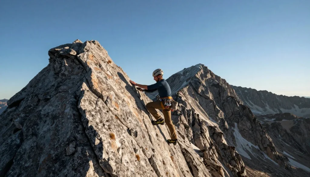 Climber ascending rocky summit ridge of Sunlight Peak with exposure Climber ascending rocky summit ridge of Sunlight Peak with exposure