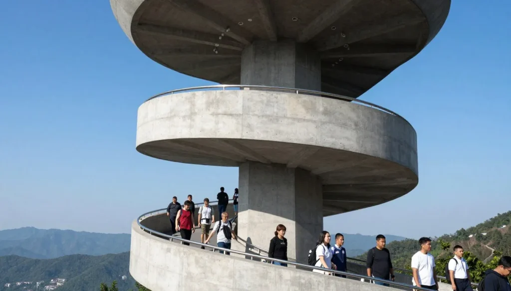 Clingmans Dome observation tower spiral ramp with mountain views Clingmans Dome observation tower spiral ramp with mountain views