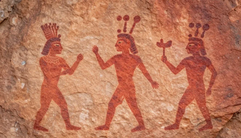 Close-up of Fremont pictograph showing painted figures in red ochre on canyon wall Close-up of Fremont pictograph showing painted figures in red ochre on canyon wall