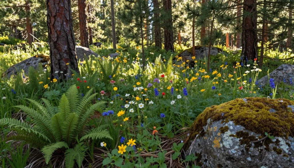 Close-up view of Pine Valley forest floor with wildflowers and ferns Close-up view of Pine Valley forest floor with wildflowers and ferns