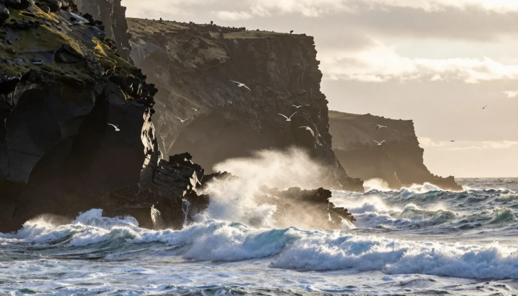 Coastal cliffs of Reykjanes Peninsula with seabirds and ocean waves