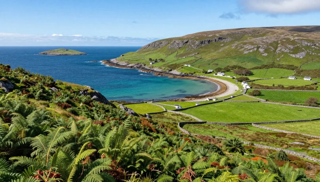 Coastal landscape of Mulranny with Clew Bay and rolling green hills