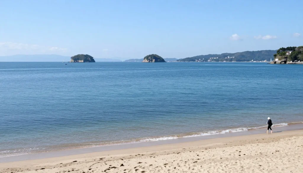 Coastal scenery along Seto Inland Sea with beaches and islands Coastal scenery along Seto Inland Sea with beaches and islands