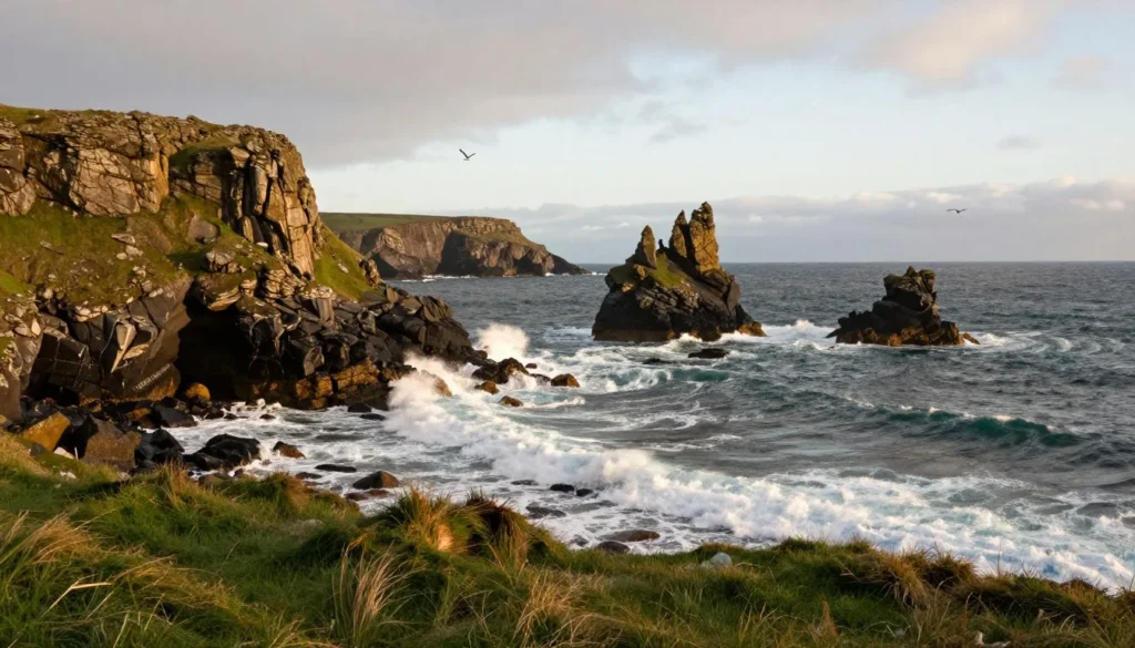 Coastal seascape on Inishowen Peninsula with sea stacks and dramatic rock formations