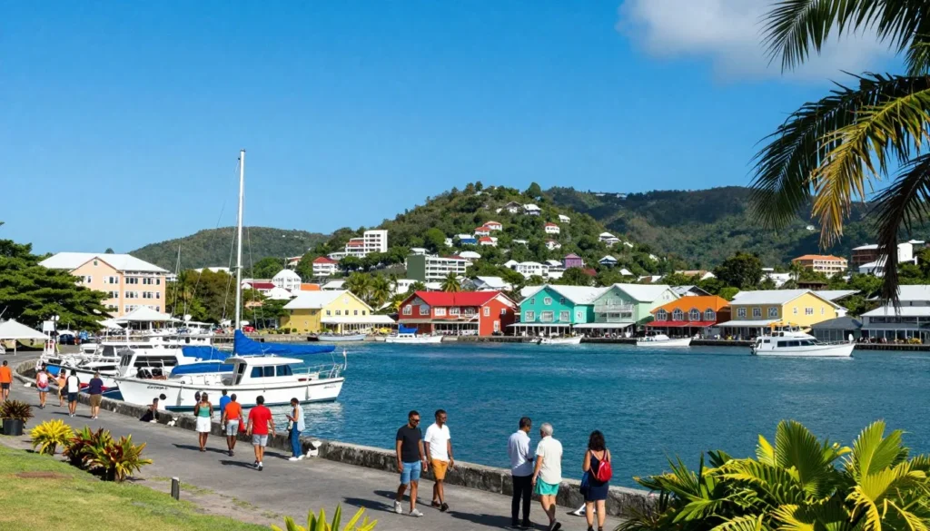 Coastal view of Kingstown St. Vincent with colorful Caribbean buildings and harbor Coastal view of Kingstown St. Vincent with colorful Caribbean buildings and harbor