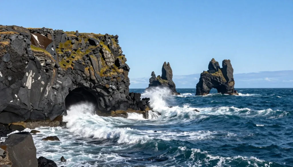 Coastal view of Reykjanes Peninsula with dramatic rock formations and Atlantic Ocean