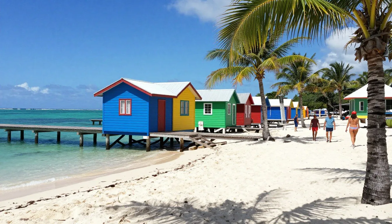 Colorful Caribbean beach huts along Caye Caulker waterfront with turquoise ocean and wooden pier