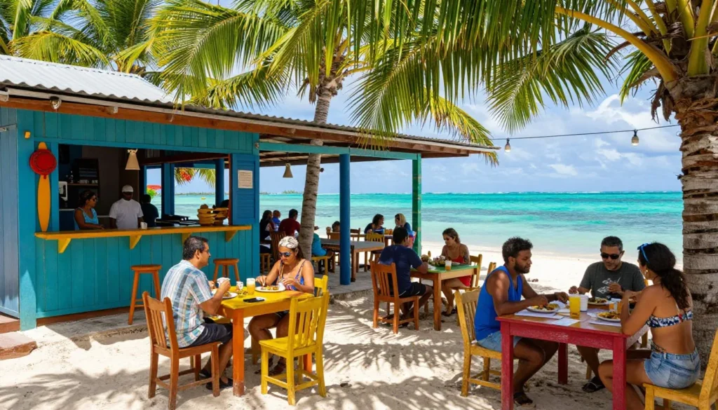 Colorful Caribbean beachfront restaurant with outdoor seating and palm trees in Caye Caulker
