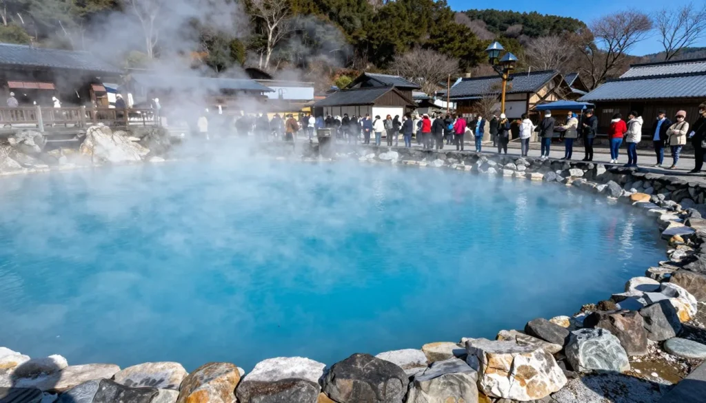 Colorful Jigoku Hell hot springs in Beppu with steam rising from vivid blue water Colorful Jigoku Hell hot springs in Beppu with steam rising from vivid blue water