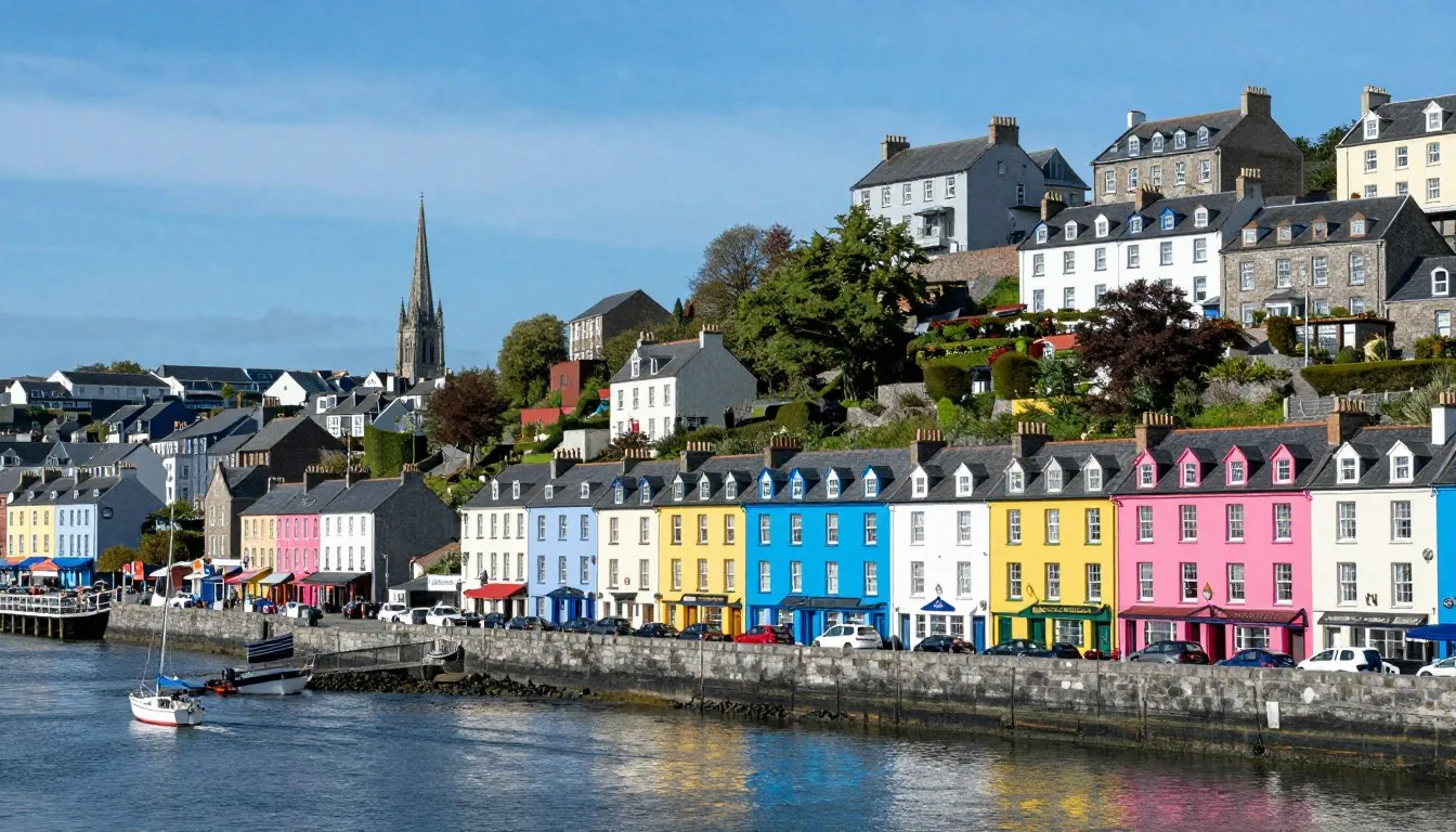 Colorful Victorian houses lining the hillside streets of Cobh with Cork Harbour in the background