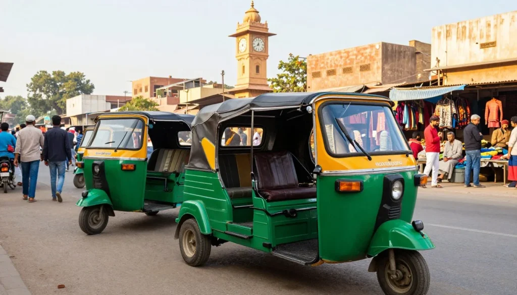 Colorful auto rickshaws parked near Clock Tower market with shoppers browsing in background