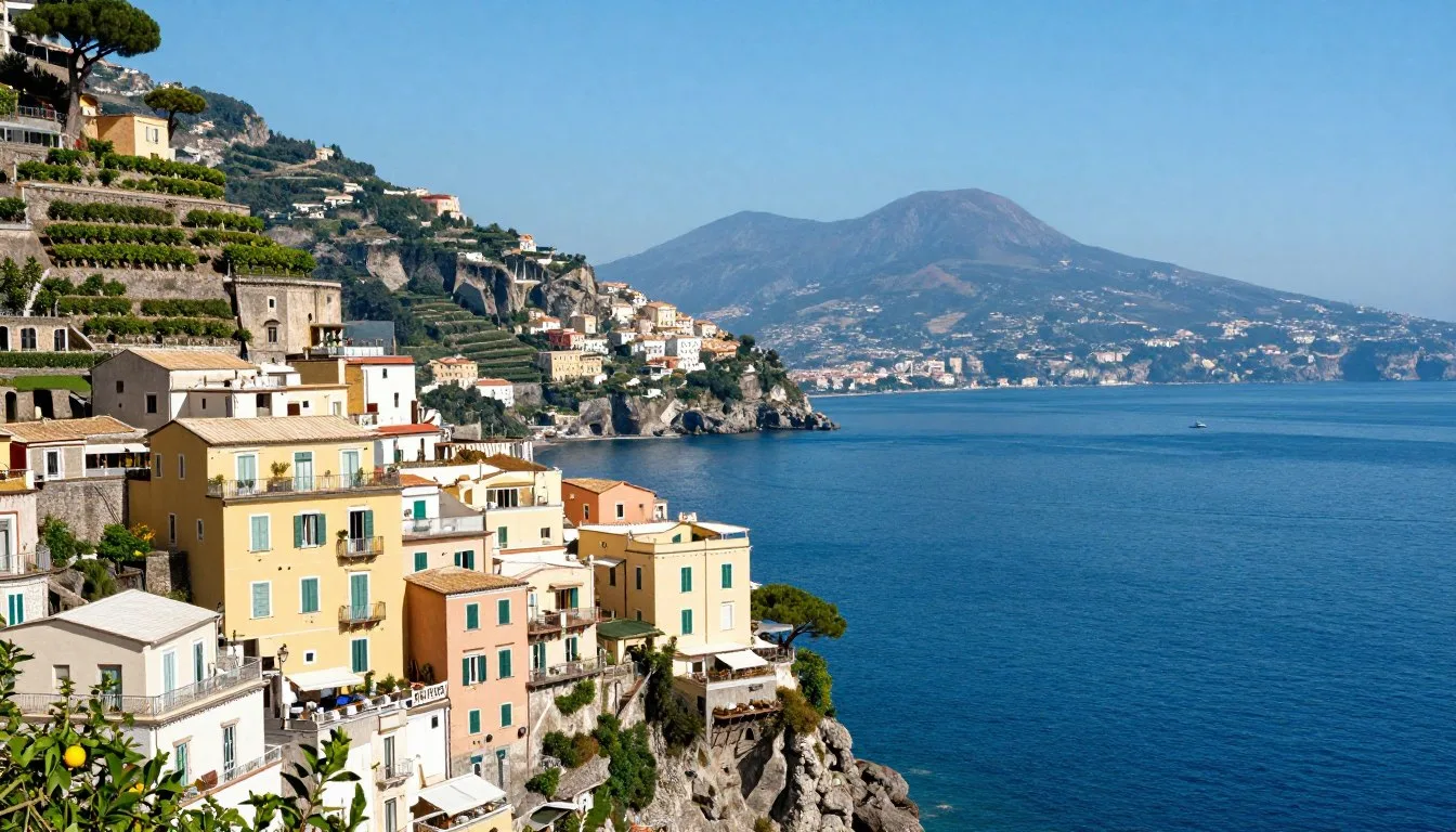 Colorful buildings along Sorrento coastline with views of Bay of Naples and Mount Vesuvius