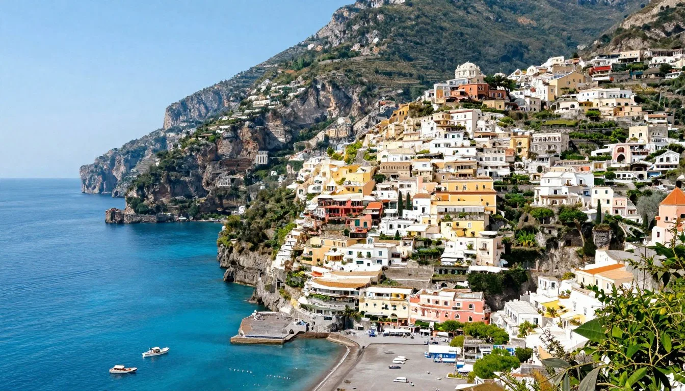 Colorful buildings cascading down the Amalfi Coast cliffs with the Mediterranean Sea below