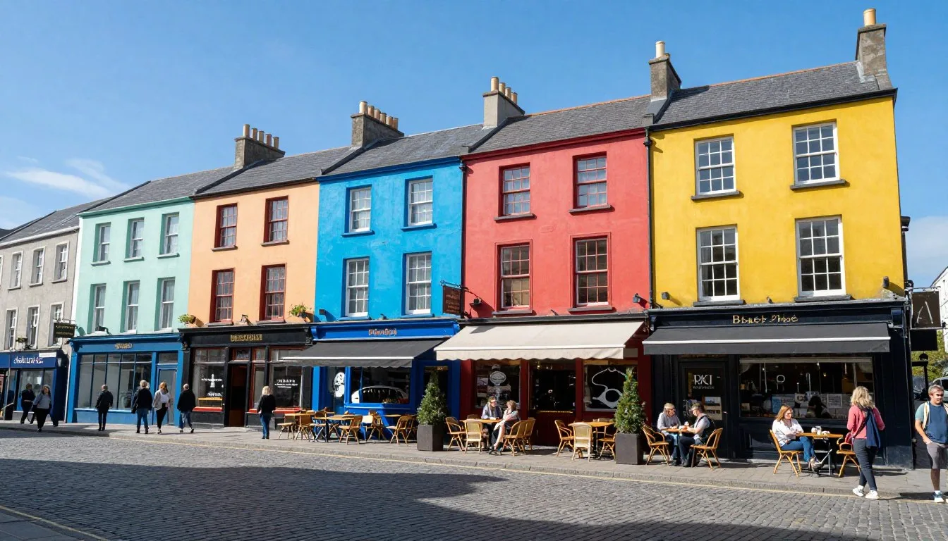Colorful buildings lining Galway's Latin Quarter with cobblestone streets and outdoor cafes