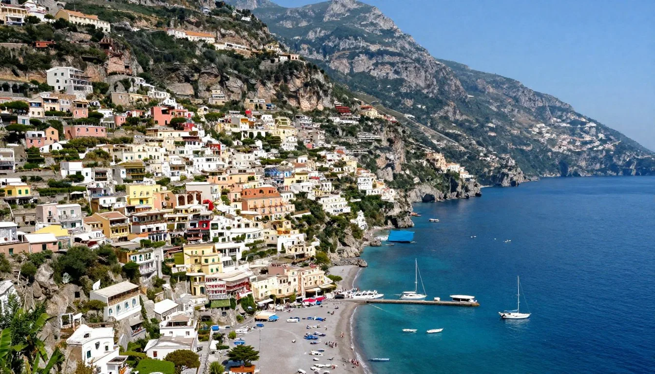 Colorful cliffside houses of Positano cascading down to the turquoise Mediterranean Sea with boats in the bay