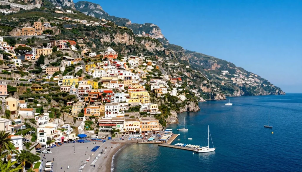 Colorful coastal village of Positano on Amalfi Coast with terraced buildings Colorful coastal village of Positano on Amalfi Coast with terraced buildings