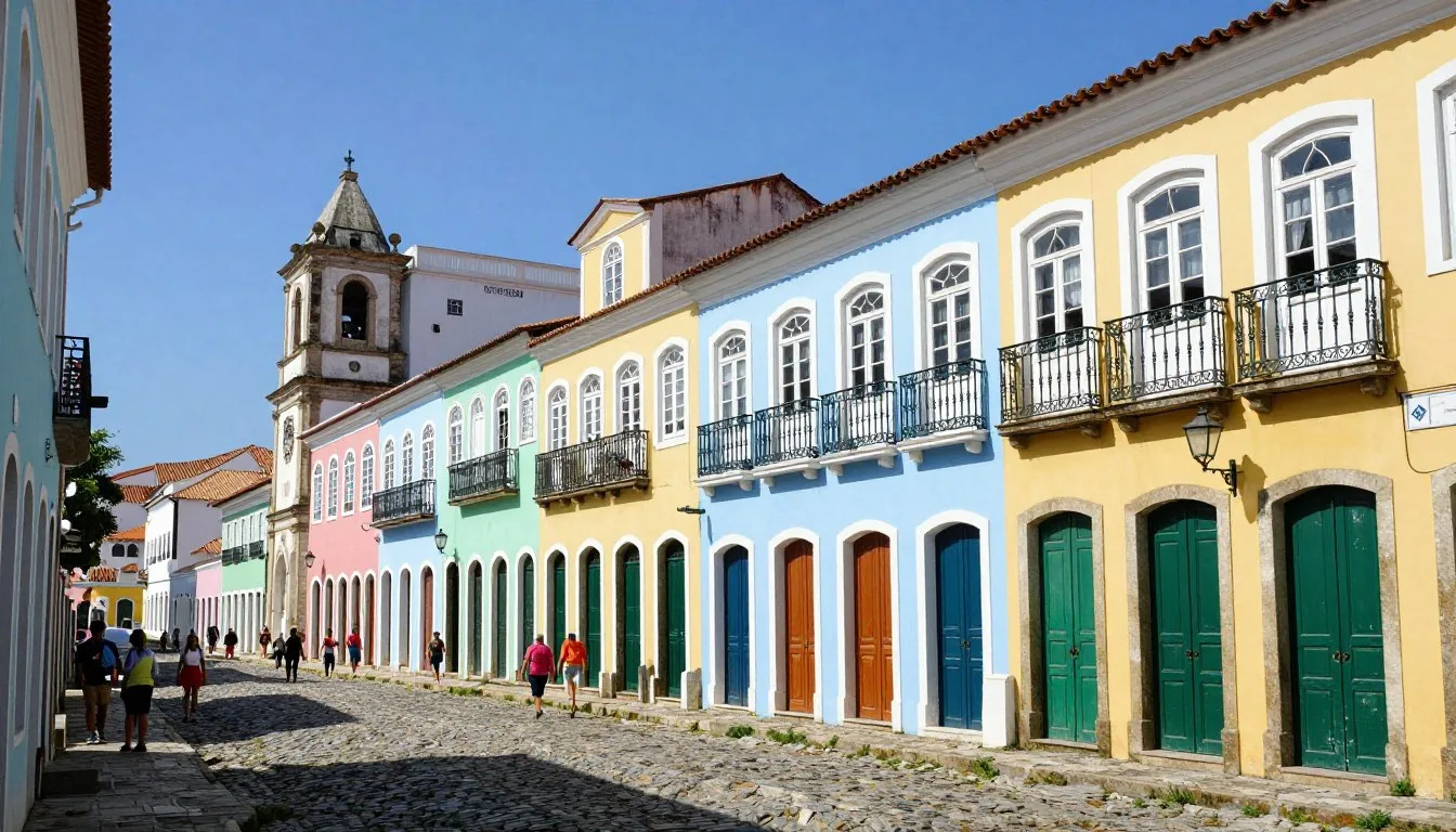 Colorful colonial buildings in Pelourinho historic district Salvador da Bahia with cobblestone streets