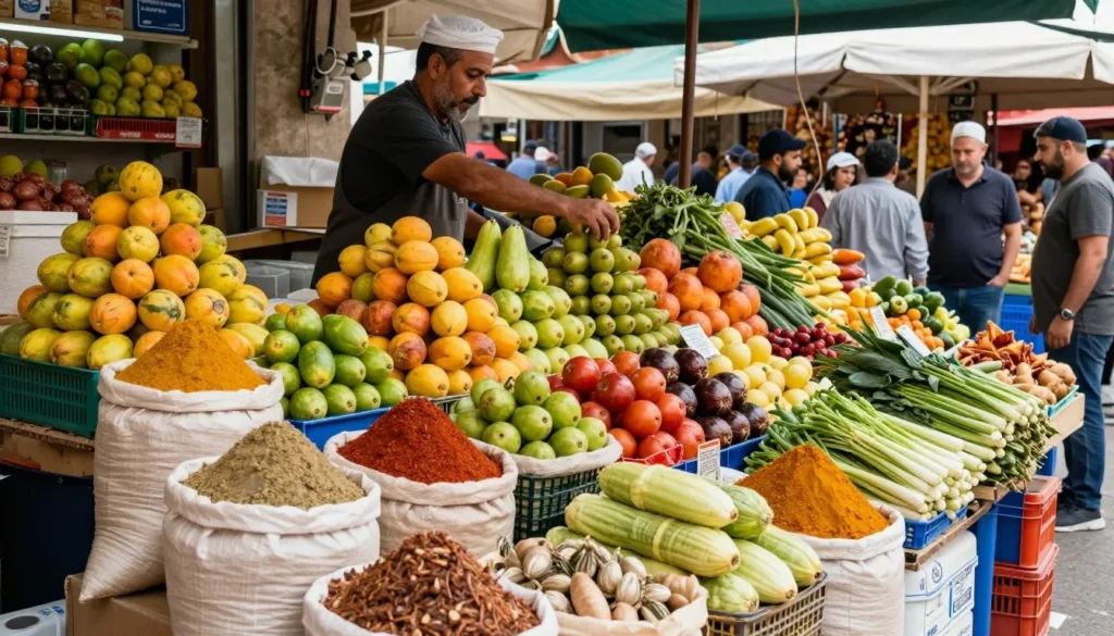 Colorful display of fresh produce and spices at Carmel Market in Tel Aviv