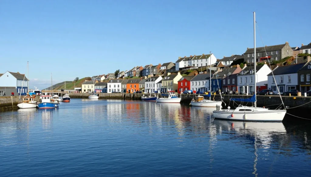 Colorful fishing boats and sailboats moored in Kinsale harbour with town buildings behind