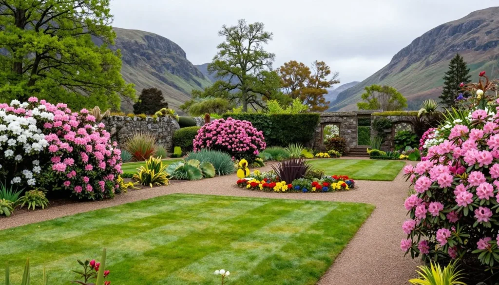 Colorful flowering gardens at Glenveagh Castle with mountain backdrop