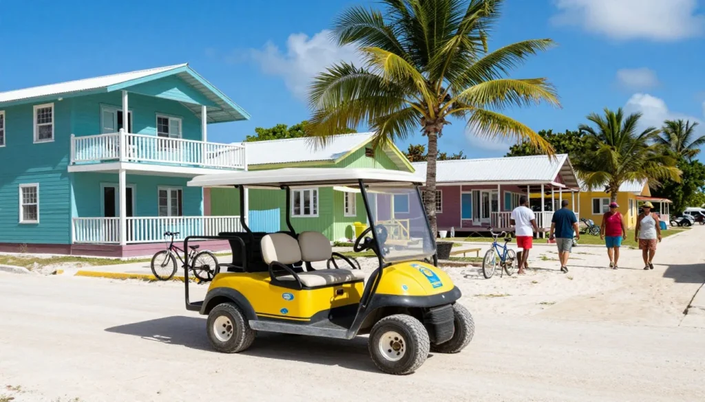 Colorful golf cart on sandy street in Caye Caulker with palm trees and Caribbean houses