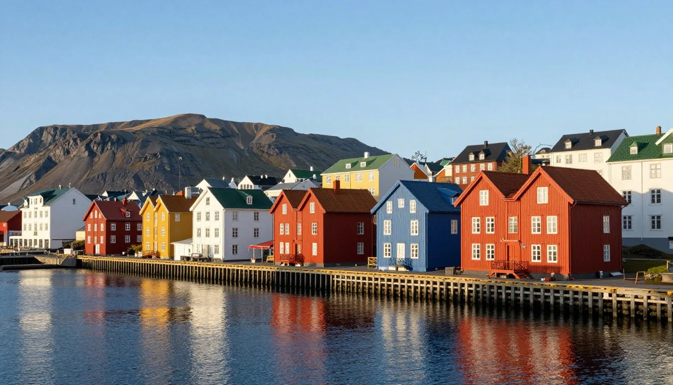 Colorful historic buildings along Reykjavik waterfront with mountain backdrop during golden hour
