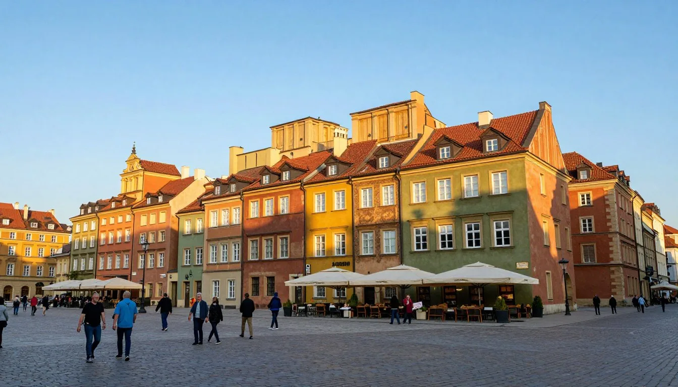 Colorful historic buildings lining the cobblestone streets of Warsaw Old Town square with outdoor cafes and tourists
