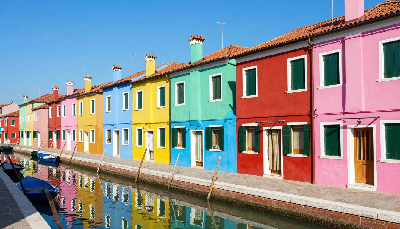 Colorful houses along canal in Burano Island with reflections in water on sunny day