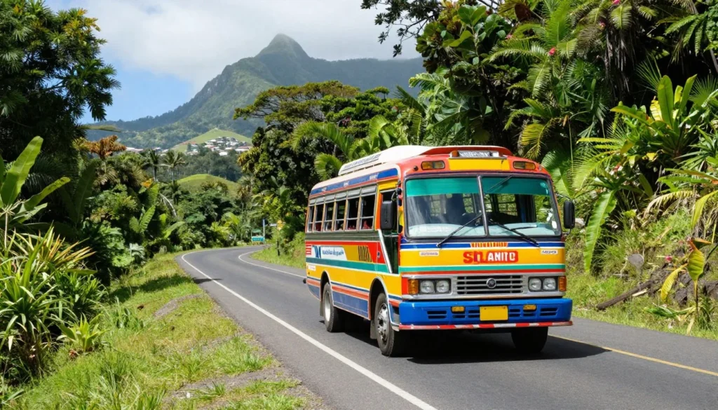 Colorful local bus on St. Vincent Island mountain road Colorful local bus on St. Vincent Island mountain road