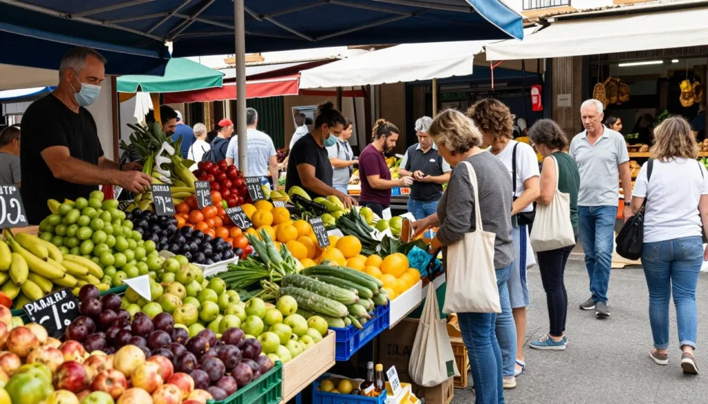 Colorful local market with fresh produce and affordable goods