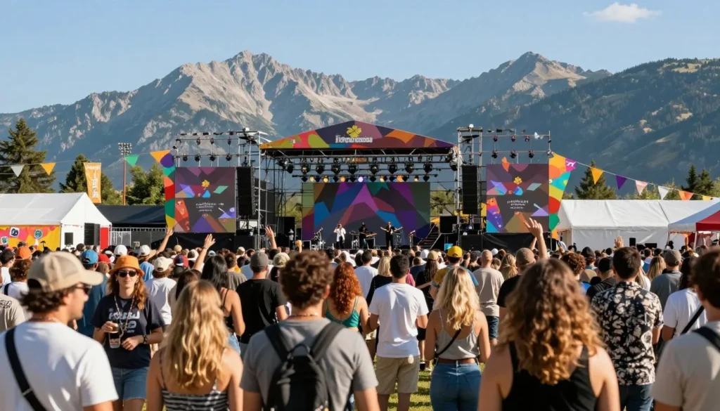Colorful outdoor festival with diverse crowd enjoying live music in Sierra Nevada mountain setting Colorful outdoor festival with diverse crowd enjoying live music in Sierra Nevada mountain setting