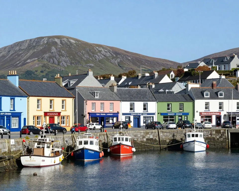 Colorful storefronts and boats in Dingle harbor Colorful storefronts and boats in Dingle harbor
