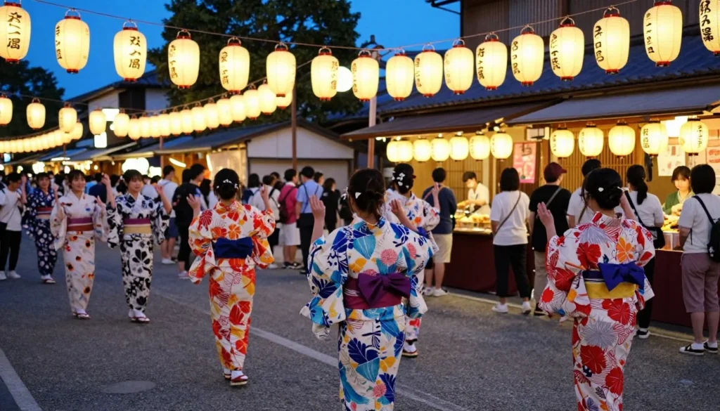 Colorful traditional Japanese festival with lanterns and performers in traditional costumes celebrating Colorful traditional Japanese festival with lanterns and performers in traditional costumes celebrating