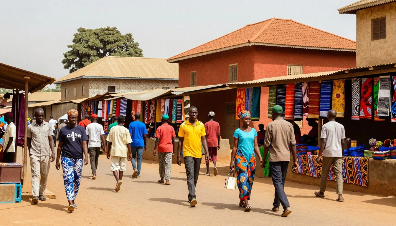 Colorful traditional Mossi architecture in Ouagadougou city center with local people walking through marketplace