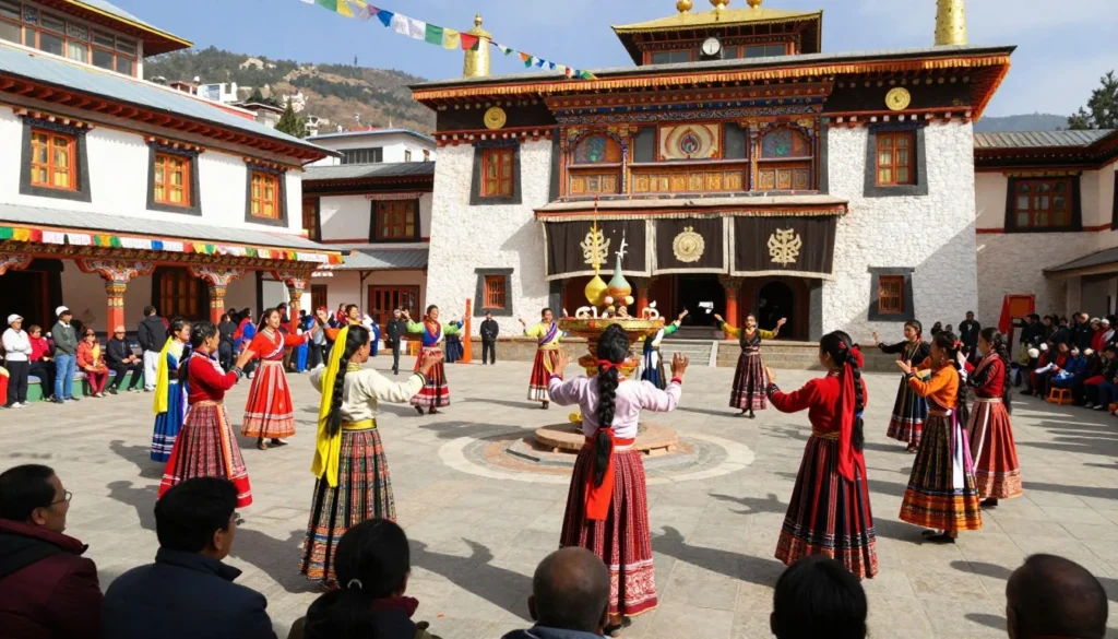 Colorful traditional Sikkimese festival celebration with dancers in cultural attire